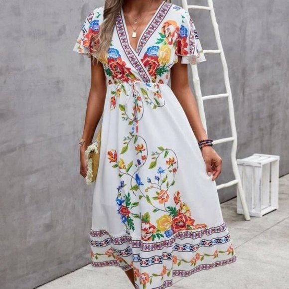 Overlap Collar Flutter Sleeves Tied Front Floral Midi Dress white - Picture 1 of 5